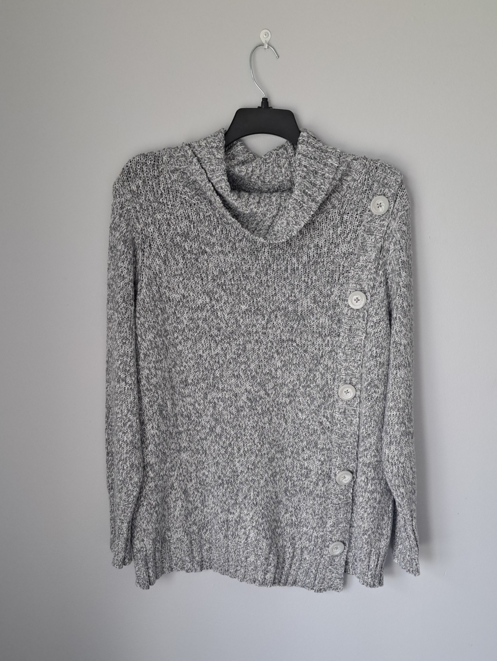 Rafaella Gray Marled Cowl-Neck Button Sweater